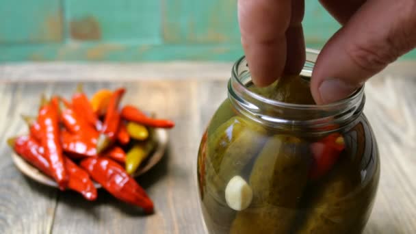 Fingers Person Take Pickled Pickled Cucumber Glass Jar Which Stands — Stock Video