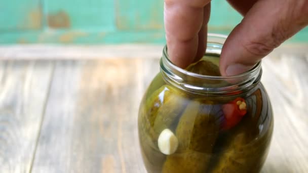 Fingers Person Take Pickled Pickled Cucumber Glass Jar Which Stands — Stock Video