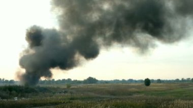 Alan veya çayır yukarıda gökyüzünde siyah duman Sütun. Bu yangın, tarımsal enkaz ya da patlama yakar. Duman döner ve rüzgar tarafından taşınır. Gün batımına ve bulutlara karşı. Açık havada.