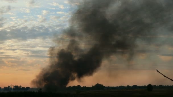 フィールドまたは牧草地の上空に黒い煙の列 これは 農業の破片や爆発を燃やします 煙が渦巻き 風に運ばれる 夕焼けと雲の上に — ストック動画