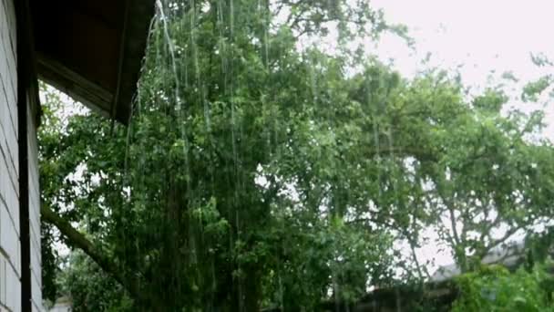 Fuerte chorros de agua de lluvia fluyen desde el techo del edificio residencial durante la tormenta o tormenta en el patio trasero de una casa residencial. En cámara lenta. Primer plano. — Vídeo de stock