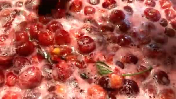 Homemade Cooking Video Clip Active Making Cherry Jam Boiling Process — Stock Video