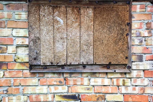 Boarded Window Abandoned Old Brick Wall Barn Closed Old House — Stock Photo, Image