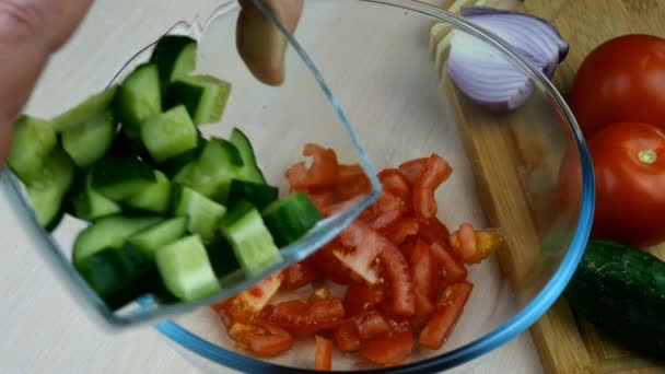 El chef pone verduras picadas, tomates, pepinos, cebollas en un tazón transparente, las vierte con aceite vegetal y mezcla deliciosa ensalada vegetariana.. — Vídeo de stock