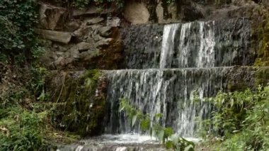Ukrayna 'nın Bila Tserkva kentindeki güzel İskenderiye parkına güçlü akıntılar akan küçük çağlayan şelale. Seçici odaklanma. Yakın plan. Açık havada..