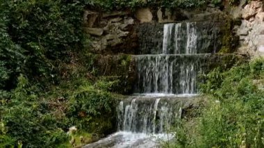 Ukrayna 'nın Bila Tserkva kentindeki güzel İskenderiye parkına güçlü akıntılar akan küçük çağlayan şelale. Seçici odaklanma. Yakın plan. Açık havada..