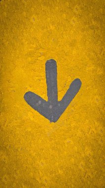 Parlak sarı, desenli bir duvarda taşralı, koyu gri, aşağı ok işareti. Kentsel ve işaret tabelalarında yön, navigasyon veya güvenlik görüntüsü için ideal.