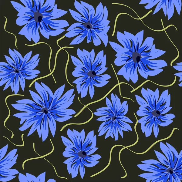 Нежный Цветочный Узор Стилизованные Кукурузные Цветы Луговые Травы Темно Синем — стоковый вектор