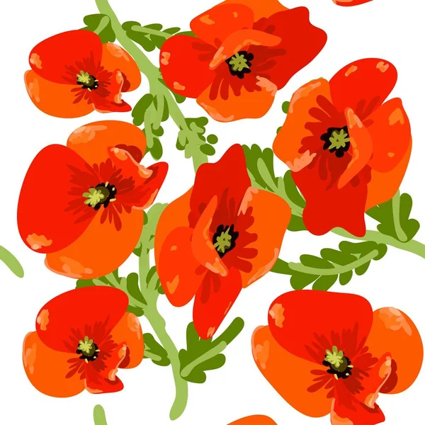 Springtime Red Poppy Flower Seamless Pattern Background Vector Eps - Stok Vektor