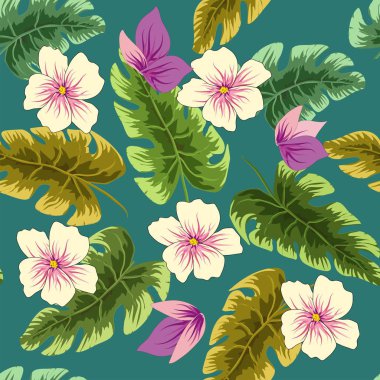 Tropikal yaprak ve çiçek erkekler baskılar için gece tarzında. Sorunsuz vektör orman duvar kağıdı deseni