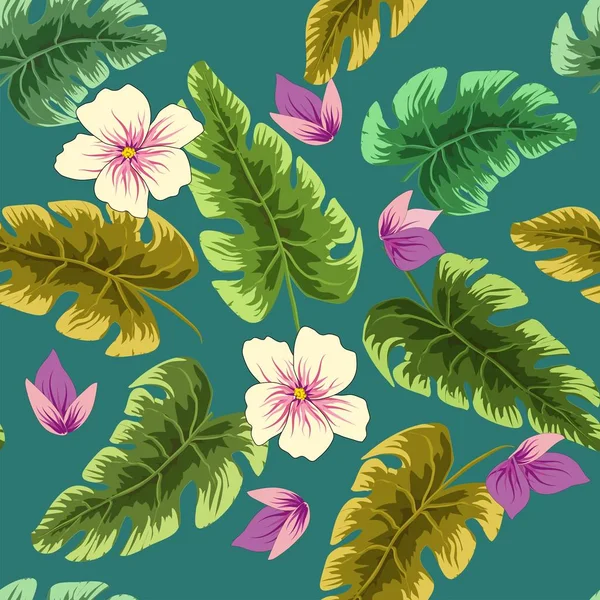 Tropical plants leaves and flowers. Seamless beach pattern on black background wallpaper.