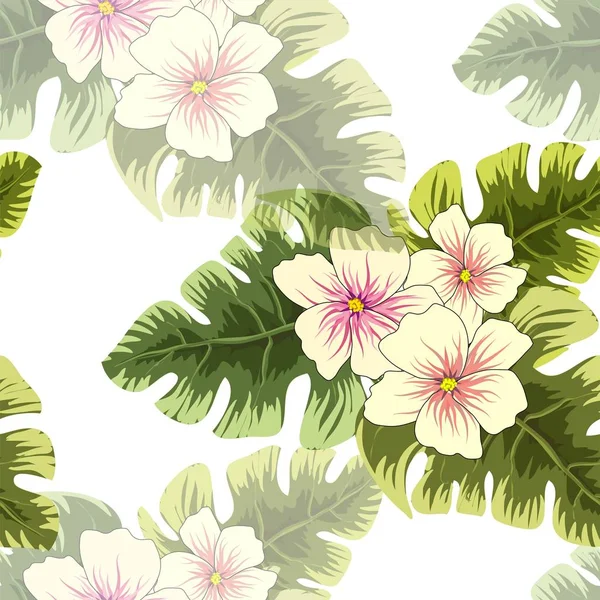 Tropische Planten Bladeren Bloemen Naadloze Strand Patroon Wite Achtergrondbehang — Stockvector