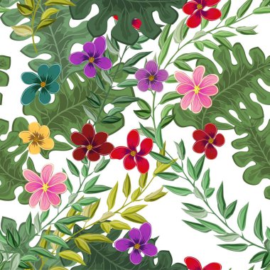 Tropik yeşilin plaj neşeli Dikişsiz desen duvar kağıdı palm ağaçlar ve çiçekler cennet kuşu (STERLİÇYA) plumeria hafif bir arka plan üzerinde bırakır..