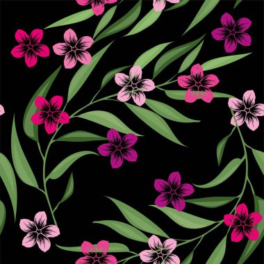 Palmiye yaprakları ve çiçekleri ile tropikal seamless modeli. Vektör çizim.