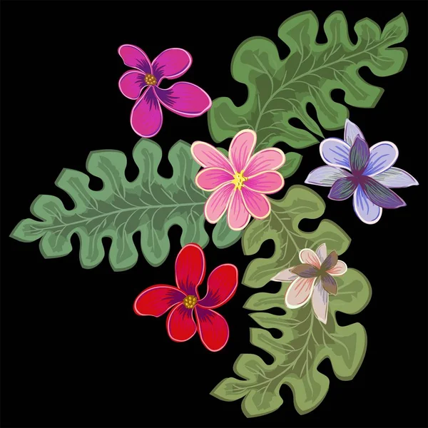 Τροπικά Λουλούδια Φύλλα Φοινίκων Ζούγκλα Φύλλων Λουλούδι Πουλιών Του Παραδείσου — Διανυσματικό Αρχείο