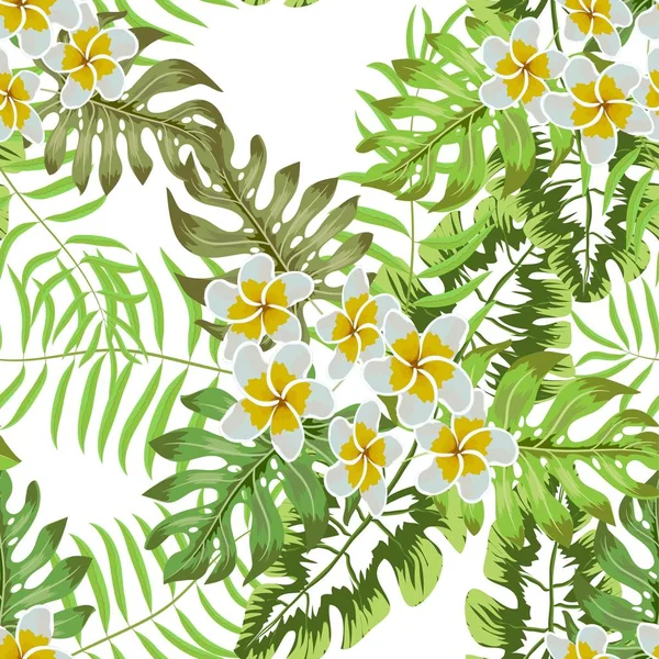 Бесшовный Тропический Цветок Тропические Цветы Пальмы Джунглей Рисунок Цветами Заднем — стоковый вектор