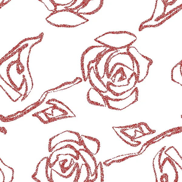 Красивый Красный Белый Бесшовный Узор Розах Контурами Ручные Контурные Линии — стоковый вектор