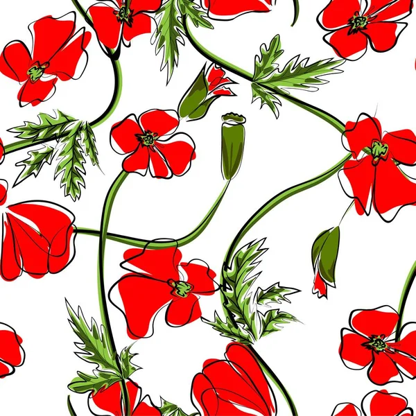 Czerwone maki na białym tle. Kwiatowy wzór bez szwu z dużymi jasnymi kwiatami. Letnia ilustracja wektorowa do druku tkanin, tkanin, papieru pakującego. — Wektor stockowy