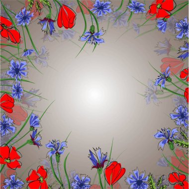 Haşhaş ve kır çiçekleri ile buket. Vektör çizimi.