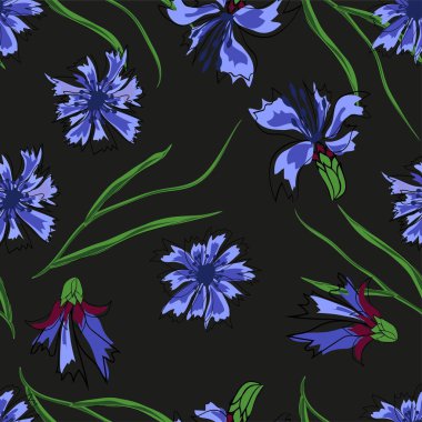 Hafif bir arka plan üzerinde cornflowers ve yusufçuklar ile Dikişsiz vektör illüstrasyon. Tekstil dekorasyonu için, ambalaj, web tasarımı.