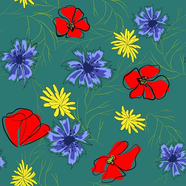 Seamless pattern of spring flowers. Poppy, chamomile, cornflower. Illustration on green background. — Stock Vector