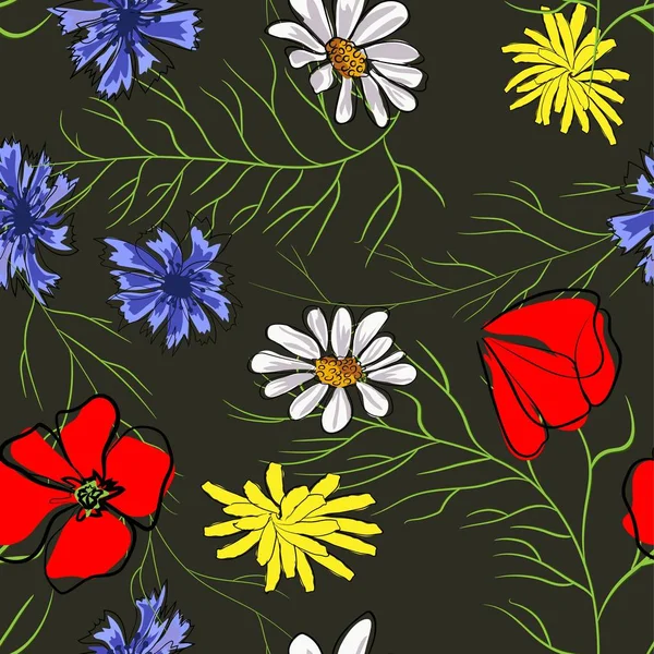 Patrón sin costuras de flores de primavera. Amapola, manzanilla, aciano. Ilustración sobre fondo negro . — Vector de stock