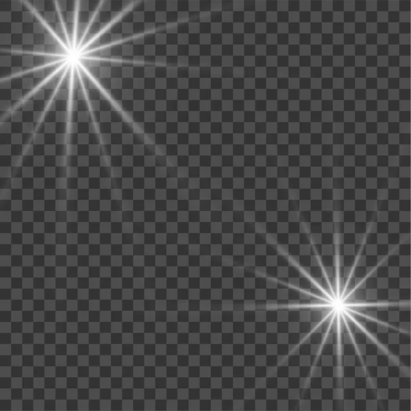 Weißes, glühendes Licht explodiert mit transparentem Licht. Vektor-Illustration für coole Effektdekoration mit Strahlfunkeln. Heller Stern. — Stockvektor