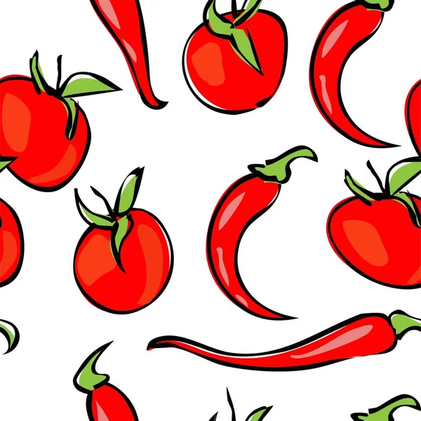 Naturaleza muerta. Tomates maduros, tomates cherry y pimientos picantes. Ilustración vectorial sin fisuras . — Vector de stock