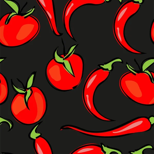 Nature morte. Tomates mûres, tomates cerises et piments forts. Illustration vectorielle sans couture . — Image vectorielle
