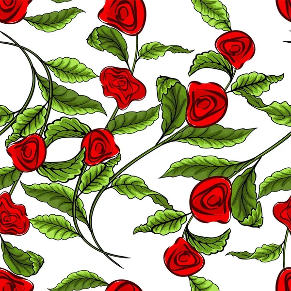 Ένα κλαδί με φύλλα και κόκκινα τριαντάφυλλα σε λευκό φόντο. Ομαλή μοτίβο. — Διανυσματικό Αρχείο