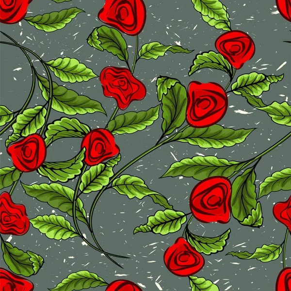 Ветка с листьями и красными розами на зеленом фоне. Бесшовный рисунок . — стоковый вектор