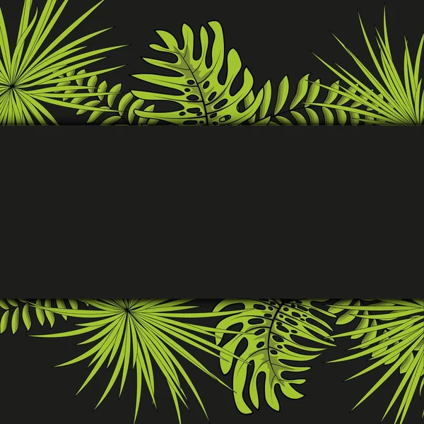 Patrón tropical sin costura vectorial, follaje tropical vívido, con hojas de palma. Moderno diseño de impresión de verano brillante. Fondo negro . — Archivo Imágenes Vectoriales