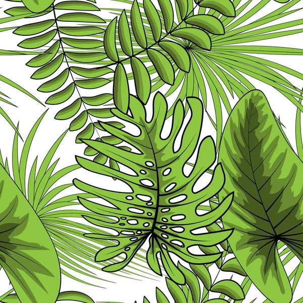 Hojas tropicales, palmeras, hojas de monstera, vector floral sin costuras de fondo . — Vector de stock