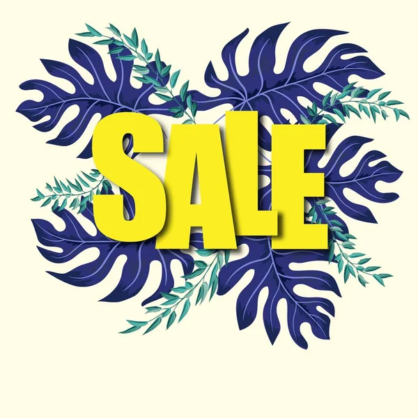 Όμορφη απεικόνιση με πολύχρωμη επιγραφή πώληση τροπικών φύλλων σε λευκό φόντο για το σχεδιασμό banner. Πανό έκπτωσης πώλησης. — Διανυσματικό Αρχείο