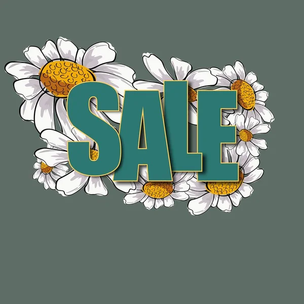 Όμορφη απεικόνιση με πολύχρωμη επιγραφή πώληση χαμομηλιού σε πράσινο φόντο για το σχεδιασμό banner. Πανό έκπτωσης πώλησης. — Διανυσματικό Αρχείο