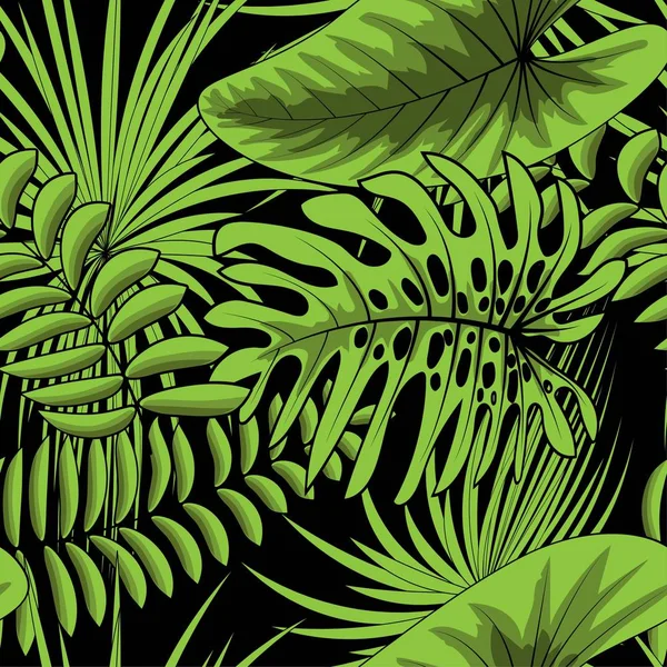 Patrón tropical sin costura vectorial, follaje tropical vívido, con hojas de palma. Moderno diseño de impresión de verano brillante. Fondo negro . — Archivo Imágenes Vectoriales