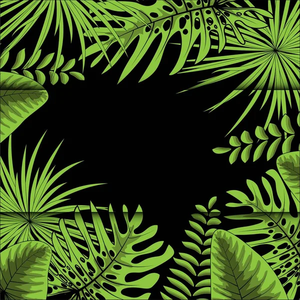 Modèle tropical sans couture vectoriel, feuillage tropique vif, avec des feuilles de palmier. Design d'impression d'été moderne et lumineux. Fond noir . — Image vectorielle