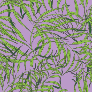 Gri bir arka plan üzerinde yeşil tropikal yaprakları. Dikişsiz vektör deseni. Giyim tekstil, kumaş kumaş, konfeksiyon, telefon kılıfı için İllüstrasyon.