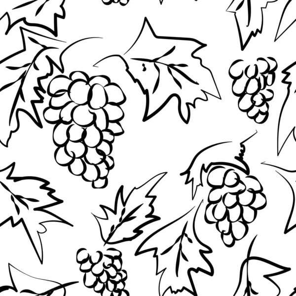 Bouquet abstrait de raisins avec des feuilles sur fond blanc. Des grappes de raisins avec des feuilles sont dessinées dans un style croquis. Modèle sans couture . — Image vectorielle