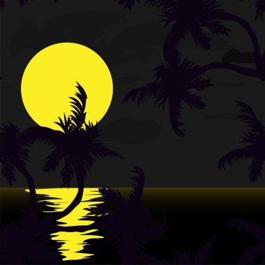 Palmiye ağaçları silueti ile Kart. Grafik illüstrasyon. Hindistan cevizi yaprağı vektör illüstrasyon. Hindistan cevizi palmiye ağacı.