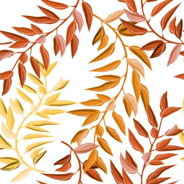 Tropik yapraklar. Beyaz arka plan. Kusursuz desen. İlkel çizim. Farklı bir tasarım için. Kahverengi ve sarı tonları.
