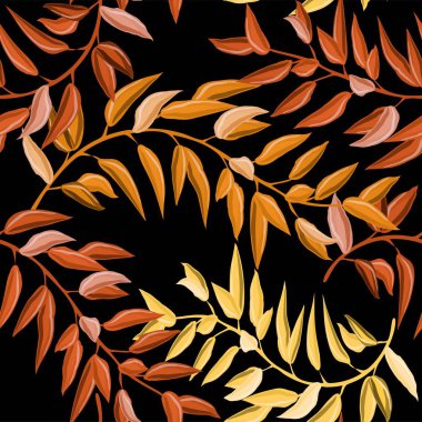 Tropik yapraklar. Karanlık arka plan. Kusursuz desen. İlkel çizim. Farklı bir tasarım için. Kahverengi ve sarı tonları.