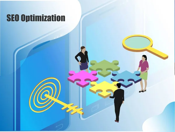 Infográfico plano com seo para design de marketing. Vetor de pessoas isométricas. Seo, ótimo design para qualquer finalidade . — Vetor de Stock