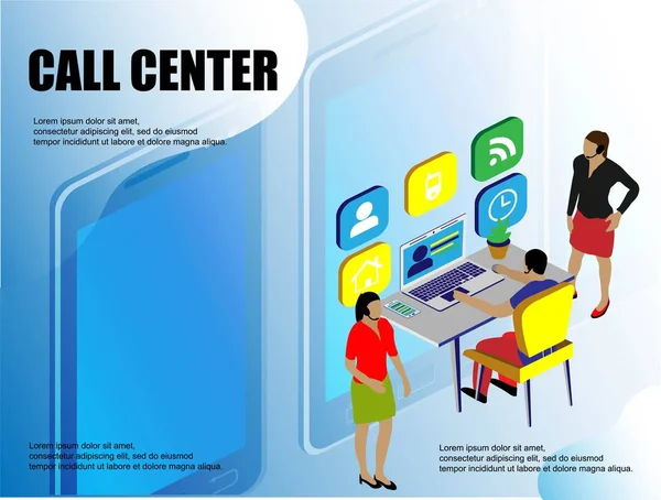 Call Center Illustrazione Piatta Concetto Ufficio Vettore Isometrico Comunicazione Concetto — Vettoriale Stock