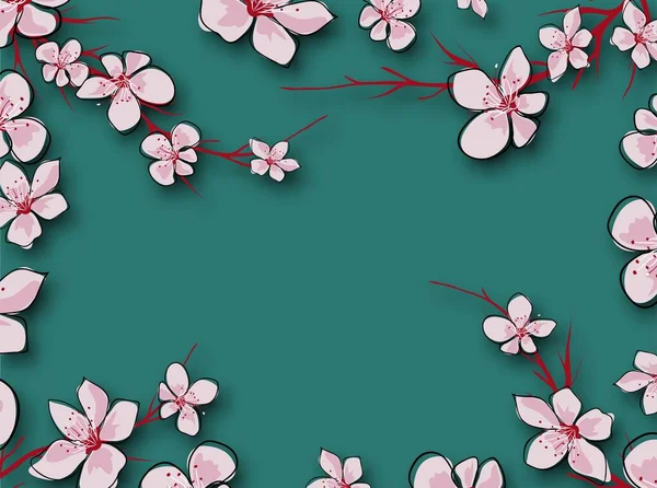 粉红背景的日本绿色横幅 春天的装饰 古埃及质感 梯度抽象背景向量 复古风格 樱花枝条 花束花 — 图库矢量图片
