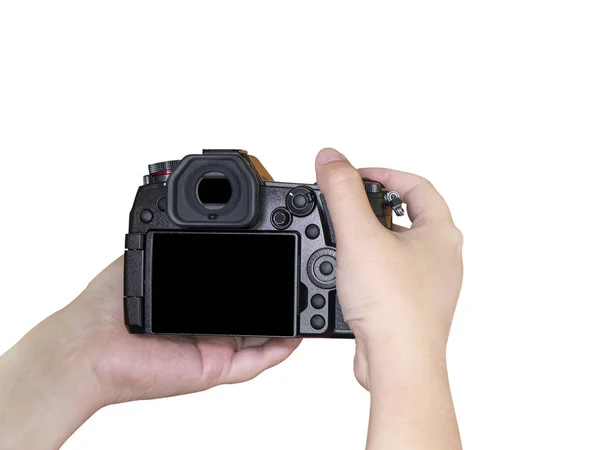 Mulher Fotógrafa Segurar Câmera Digital Com Tela Preta Mão Com — Fotografia de Stock