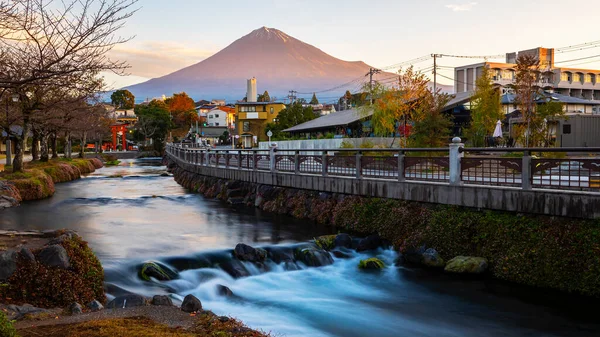 Fuji Hegy Délelőtti Időszaka Folyó Melletti Víz Hosszú Expozíciója Shinto — Stock Fotó