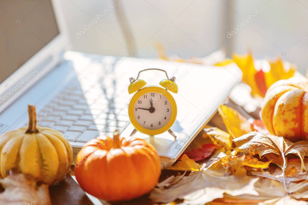 Orange pumpkin, alarm clock and leaves near laptop computer on a table. Autumn season time