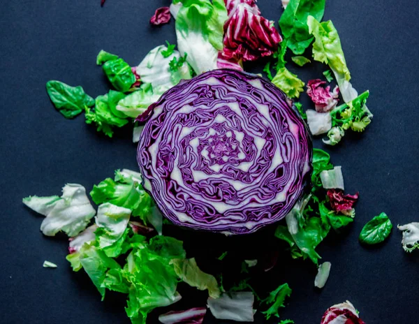 Red Cabbage Other Salads Dark Background View — Stock Photo, Image