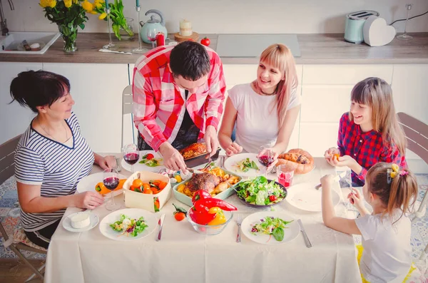 Young Family Sitting Table Easter Dinner Home — Stock Photo, Image